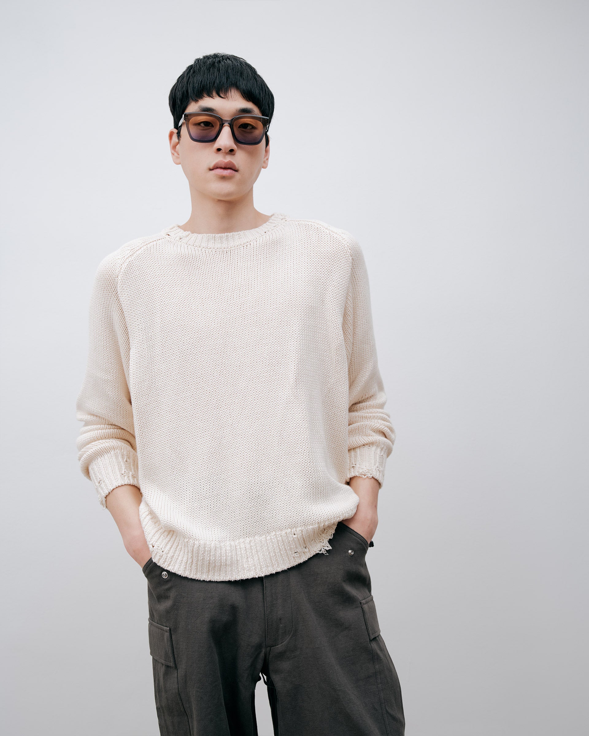 Distressed Cotton Knit Jumper - Cream - Ảnh 2