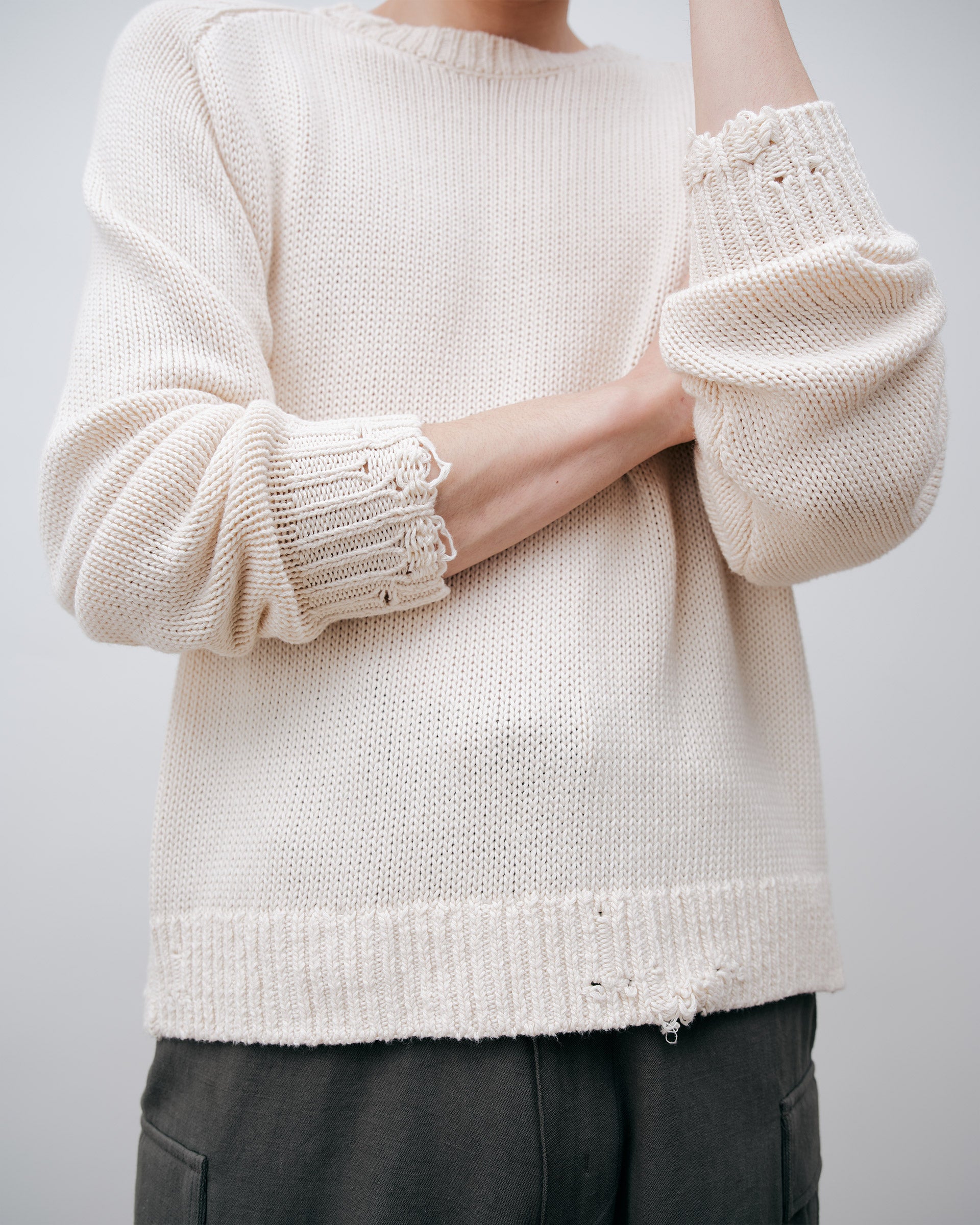 Distressed Cotton Knit Jumper - Cream - Ảnh 4