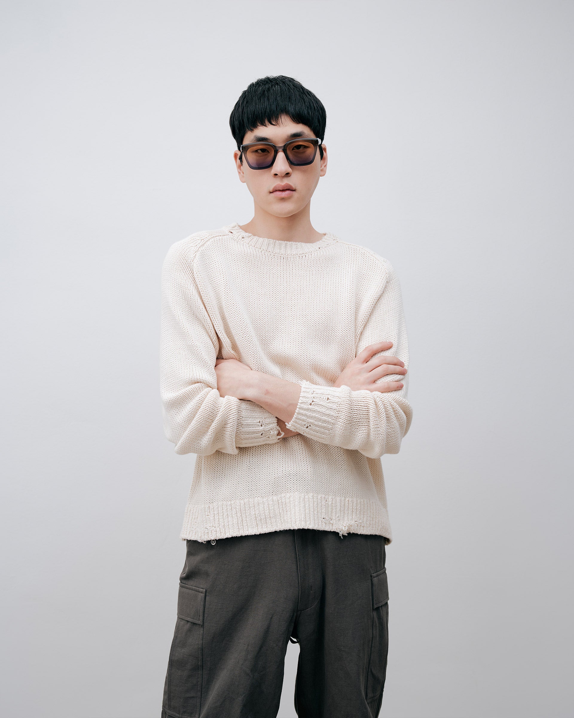 Distressed Cotton Knit Jumper - Cream - Ảnh 3